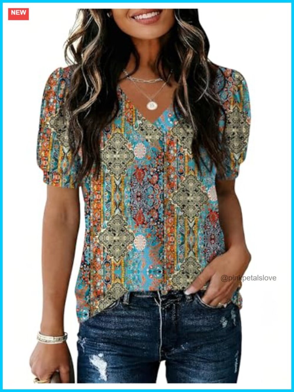 Puff Short Sleeve V Neck Tunic Blouse Business Casual Top
